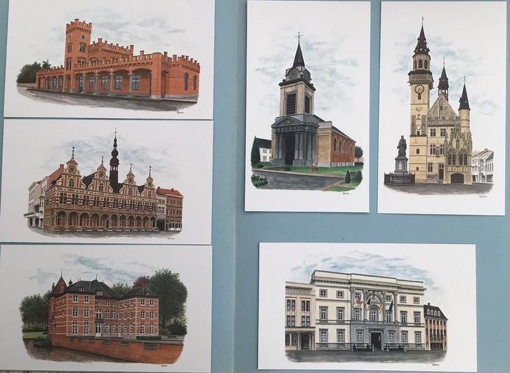 6 Aquarelprentkaarten van Aalst (180 mm x 105 mm), Verzamelen, Postkaarten | België, Ongelopen, Oost-Vlaanderen, Ophalen of Verzenden