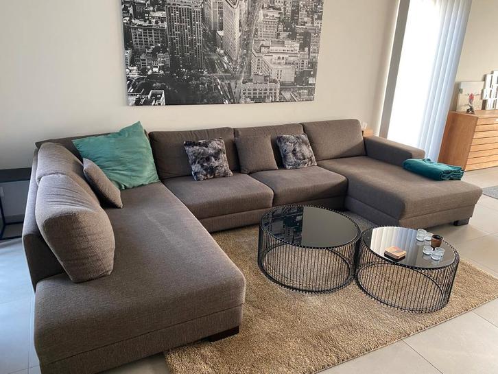 Hoekzetel in donkerbruine stof met longchair, Huis en Inrichting, Zetels | Complete zithoeken, Zo goed als nieuw, Stof, Ophalen