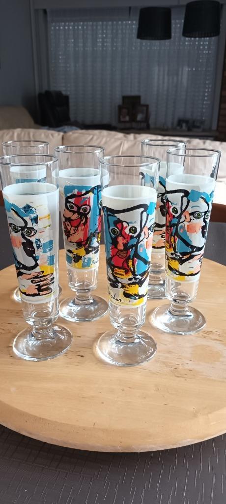 6 getek.&genum glazen met kunst van Rudi Pillen, Antiek en Kunst, Kunst | Designobjecten, Ophalen