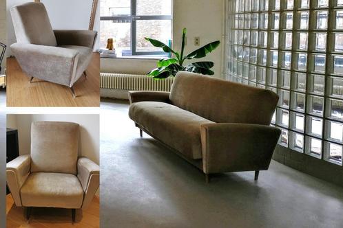Vintage 70s salon - 3zit + 2 fauteuils, Huis en Inrichting, Zetels | Zetels, Gebruikt, Rechte bank, Overige maten, 200 tot 250 cm