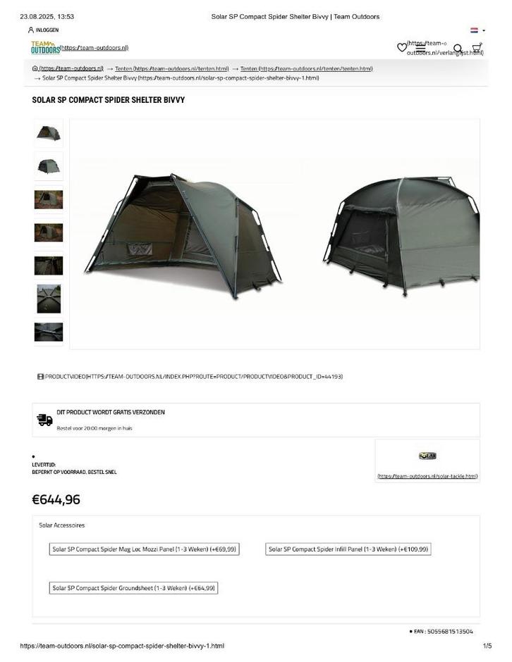 Solar SP Compact Spider Bivvy Complet Avec Accesorie !!!, Watersport en Boten, Hengelsport | Karpervissen, Zo goed als nieuw, Complete set