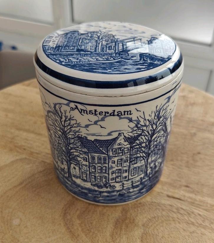 Stroopwafelpot Amsterdam grachten Delfts blauw, Antiek en Kunst, Antiek | Email, Ophalen of Verzenden