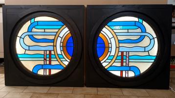 Uniek paar art deco glas in lood ramen 1930's-'40s beschikbaar voor biedingen