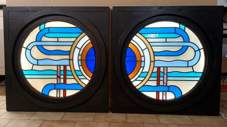 Uniek paar art deco glas in lood ramen 1930's-'40s, Antiek en Kunst, Antiek | Glaswerk en Kristal, Ophalen