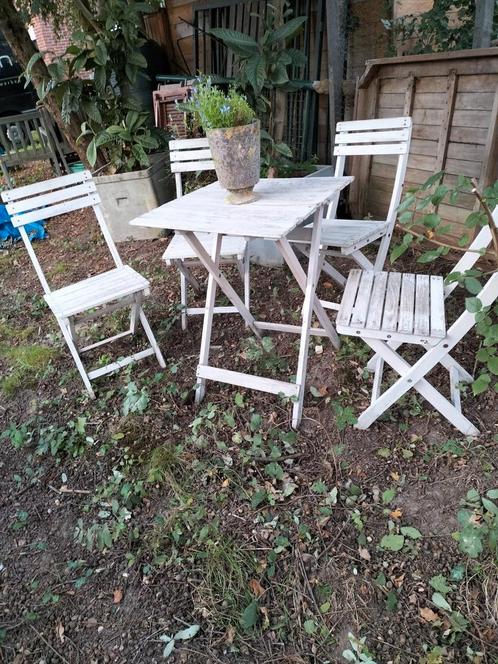 Bistro tuinset tafel met 4 stoelen whitewash, Jardin & Terrasse, Ensembles de jardin, Comme neuf, Salons de jardin, Enlèvement ou Envoi