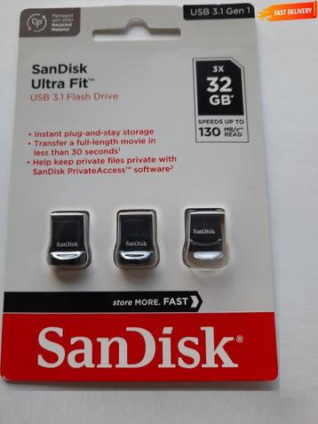 3 Pièces SanDisk 32Go USB3.2 3-Pack USB 32 Go 3Pack UltraFit, Envoi, Neuf, SanDisk, 32 GB