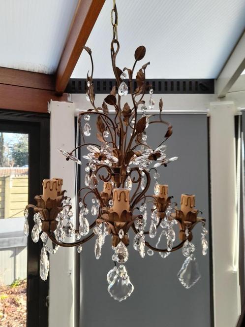 Antieke kroonluchter met kristal en brons, Huis en Inrichting, Lampen | Kroonluchters, Gebruikt, Glas, Metaal, Ophalen