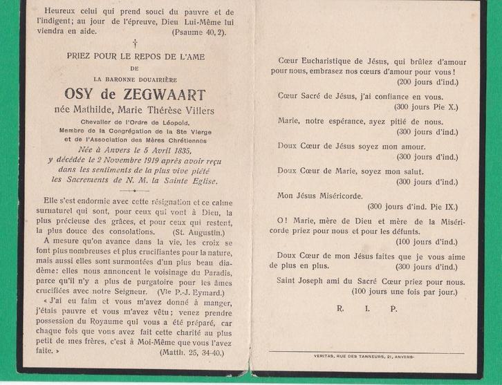 DP Villers Mathide Marie Therese (Adel), Verzamelen, Bidprentjes en Rouwkaarten, Bidprentje, Verzenden