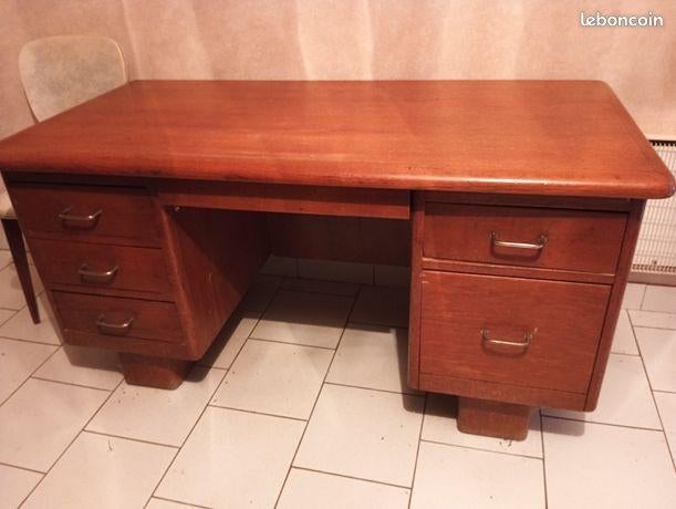 Très grand bureau vintage moderniste 7 tiroirs bois massif, Maison & Meubles, Bureaux, Enlèvement