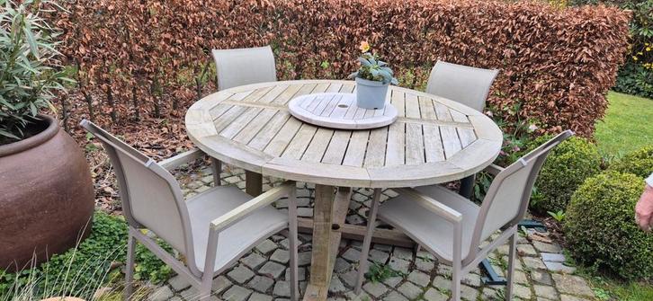 Houten tuintafel rond + 4 stoelen | terras set | goede staat, Tuin en Terras, Tuinsets en Loungesets, Hout, Ophalen