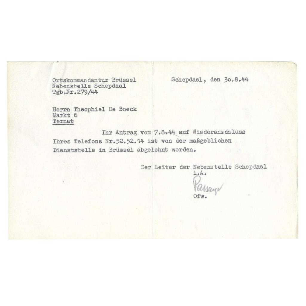 Document allemand - Rejet connexion téléphonique Ternat 1944, Collections, Enlèvement ou Envoi, Armée de terre, Autres types