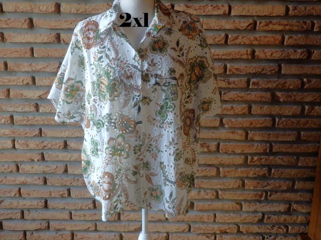 (24) - chemisier femme t.2xl blanc vert brun - jin -, Vêtements | Femmes, Blouses & Tuniques, Comme neuf, Taille 42/44 (L), Vert