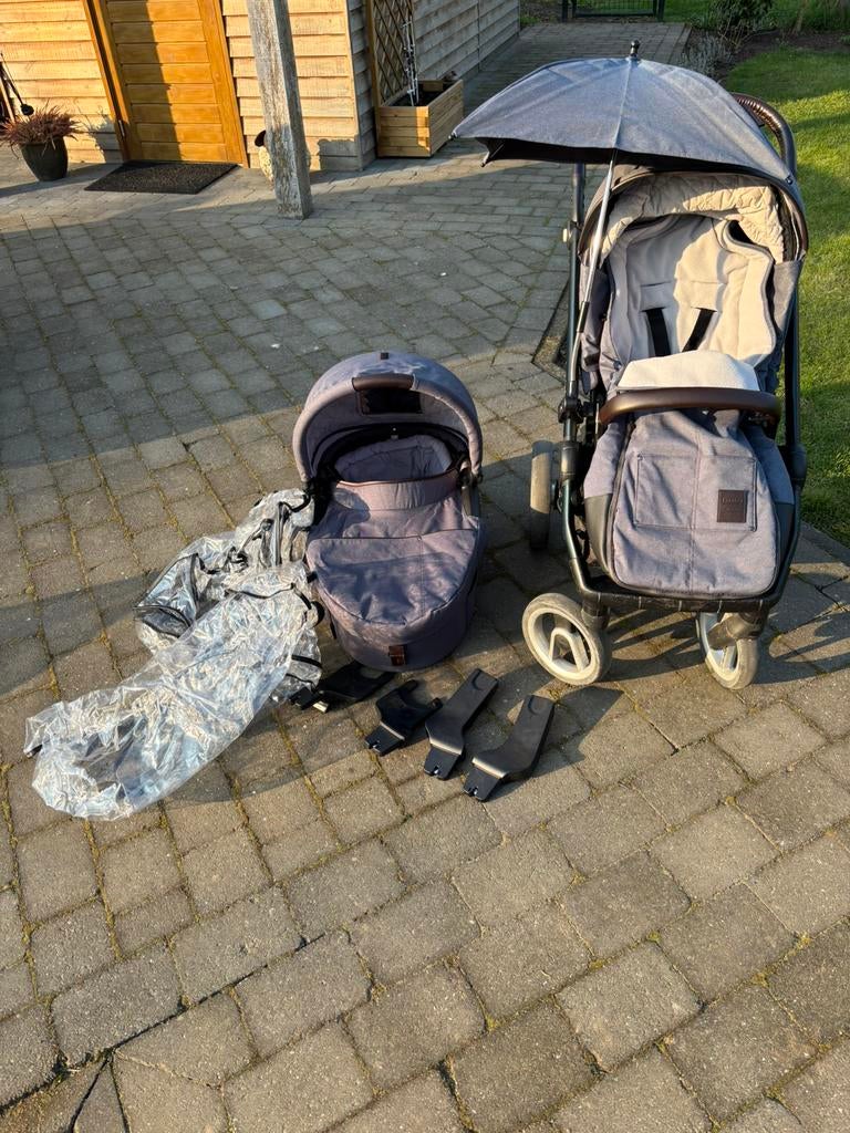 Mutsi Evo jeans kinderwagen, Kinderen en Baby's, Kinderwagens en Combinaties, Gebruikt, Combiwagen, Mutsy, Met reiswieg, Verstelbare duwstang