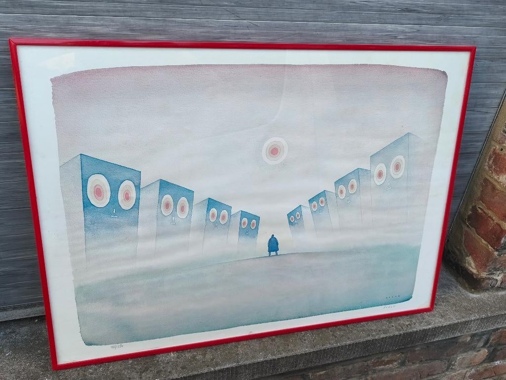 Lithographie signe jean Michel folon, Ophalen of Verzenden