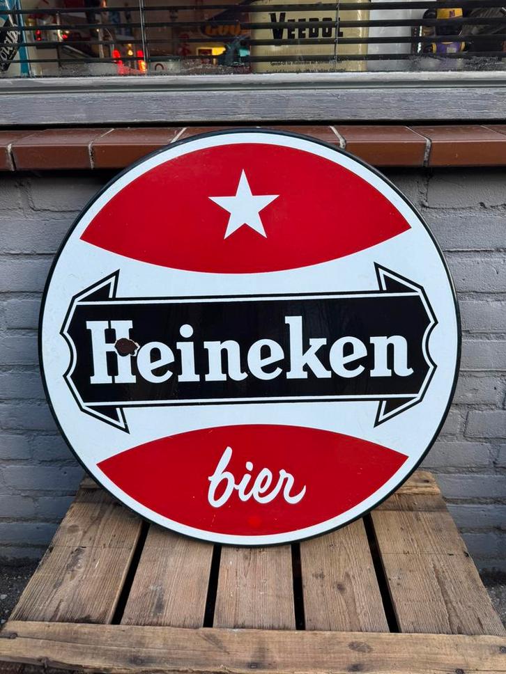 Groot oud Heineken Bier emaille reclamebord, Verzamelen, Merken en Reclamevoorwerpen, Gebruikt, Reclamebord, Ophalen