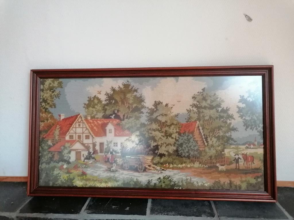 Groot vintage borduurwerk (kruissteek), landelijk tafereel, Antiek en Kunst, Ophalen