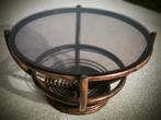 Table basse ronde bambou-rotin brun foncé année 1970s, Enlèvement, Verre