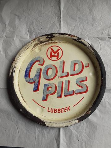 Plateau en émail Bieres GOLD PILS VAN HELLEMONT LUBBEEK, Enlèvement ou Envoi, Utilisé, Panneau, Plaque ou Plaquette publicitaire