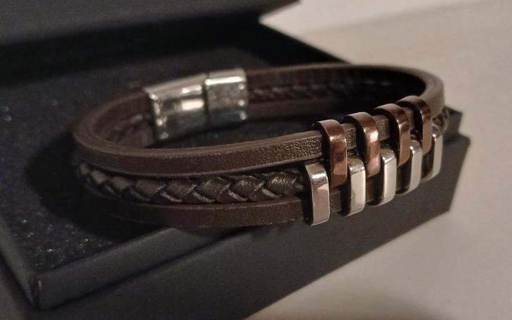 Lotus Style herenarmband – leer & staal - perfect cadeau, Handtassen en Accessoires, Armbanden, Zo goed als nieuw, Leer, Zilver