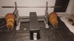 Benchpress met Olympische baar en 95kg aan schijven, Sport en Fitness, Fitnessmaterialen, Ophalen of Verzenden, Gebruikt