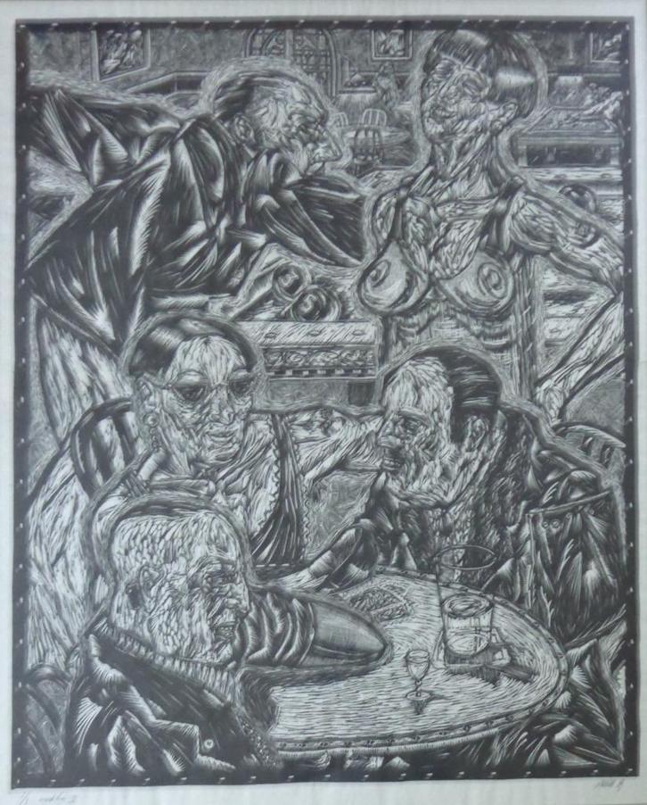 JAN VRANKEN / WACHTEN / ZW-W HOUTSNEDE / 140x114cm / KADER, Antiek en Kunst, Kunst | Litho's en Zeefdrukken, Ophalen