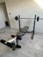 Benchpress bank Tunturi met gewichtstatief en schijven, Ophalen, Zo goed als nieuw, Benen, Krachtstation