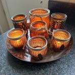 Schaal met glazen potjes, Huis en Inrichting, Woonaccessoires | Kandelaars en Kaarsen, Gebruikt, Bruin, Ophalen of Verzenden, Metaal