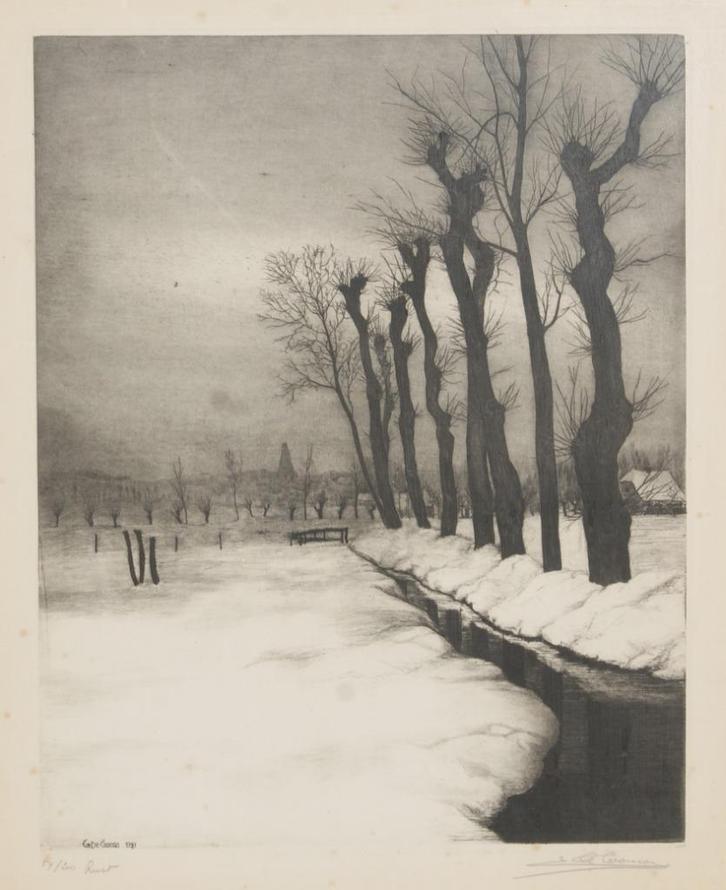 Emiel De Cooman (1922-2021): Rust 1951 (66 x 76 cm), Antiek en Kunst, Kunst | Etsen en Gravures, Ophalen of Verzenden