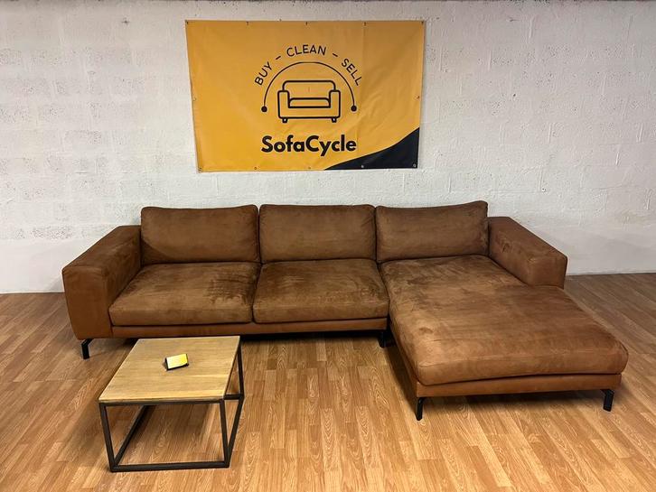 Cognac driezit met chaise longue – SofaCycle, Huis en Inrichting, Zetels | Voetbanken en poefs, Zo goed als nieuw, Ophalen of Verzenden