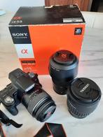 Sony A55 camera met 3 lenzen, 2 batterijen en oplader, Ophalen of Verzenden, Sony