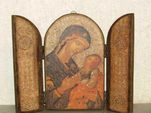 Russische drieluike icoon (Madonna met Vladimir) Antiek, Antiquités & Art, Antiquités | Objets religieux, Enlèvement