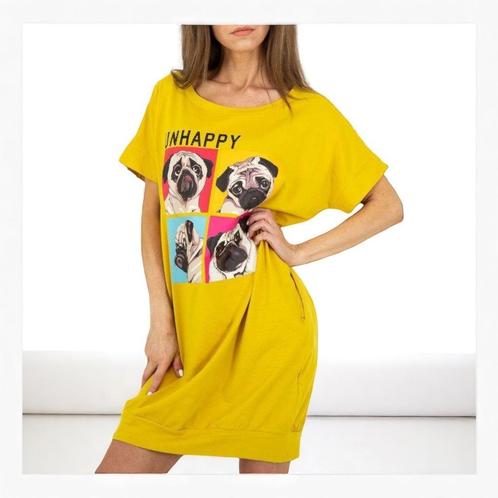Shirt jurk Unhappy honden opdruk geel S, Kleding | Dames, Jurken, Nieuw, Maat 36 (S), Geel, Boven de knie, Verzenden
