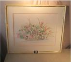 Mooi Geschilderd Aquarel 'Korf met Bloemen' - J Janssen, Ophalen of Verzenden