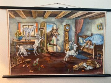 Oude schoolkaart - de wolf en de 7 geitjes, Antiek en Kunst, Antiek | Schoolplaten, Ophalen, Overige thema's