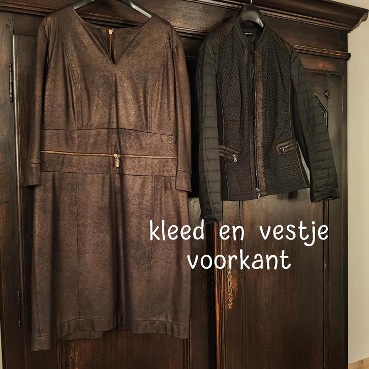 Ensemble,  kleed met vestje, Kleding | Dames, Jurken, Zo goed als nieuw, Maat 42/44 (L), Bruin, Knielengte, Ophalen of Verzenden