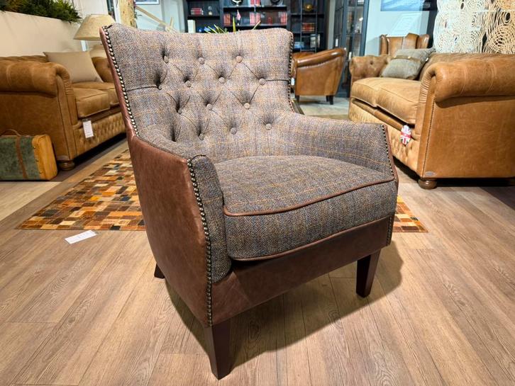 Sheffield chesterfield fauteuil Harris Tweed / Vintage leer, Huis en Inrichting, Fauteuils, Nieuw, Stof, Ophalen of Verzenden