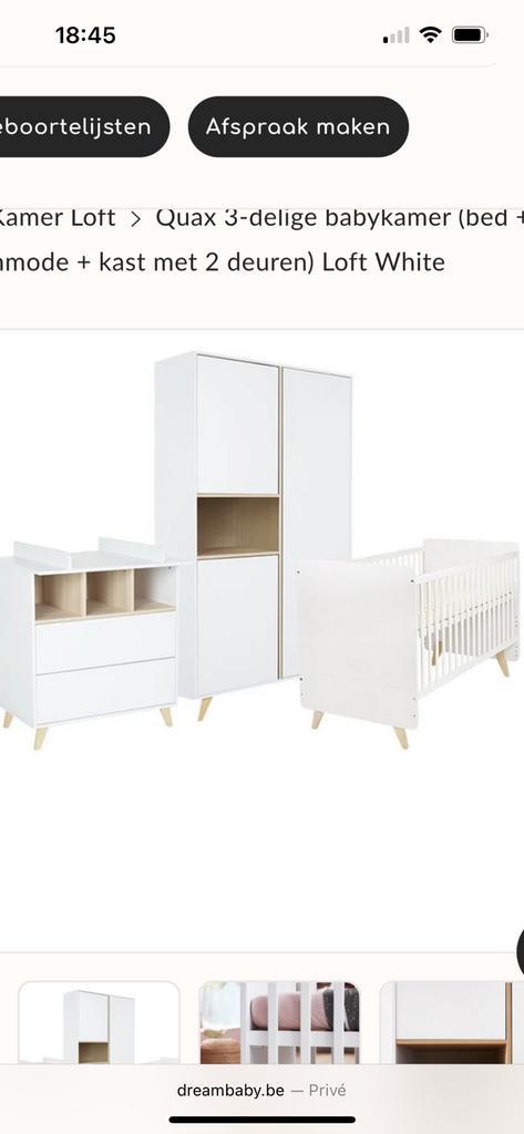 Complete babykamer quax loft wit, Kinderen en Baby's, Kinderkamer | Bedden, Zo goed als nieuw, Lattenbodem, Ophalen