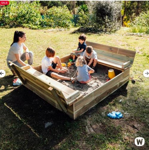 Wickey Zandbak met klapdeksel 150x165 cm + witte zand, Kinderen en Baby's, Speelgoed | Buiten | Zandbakken, Gebruikt, Ophalen