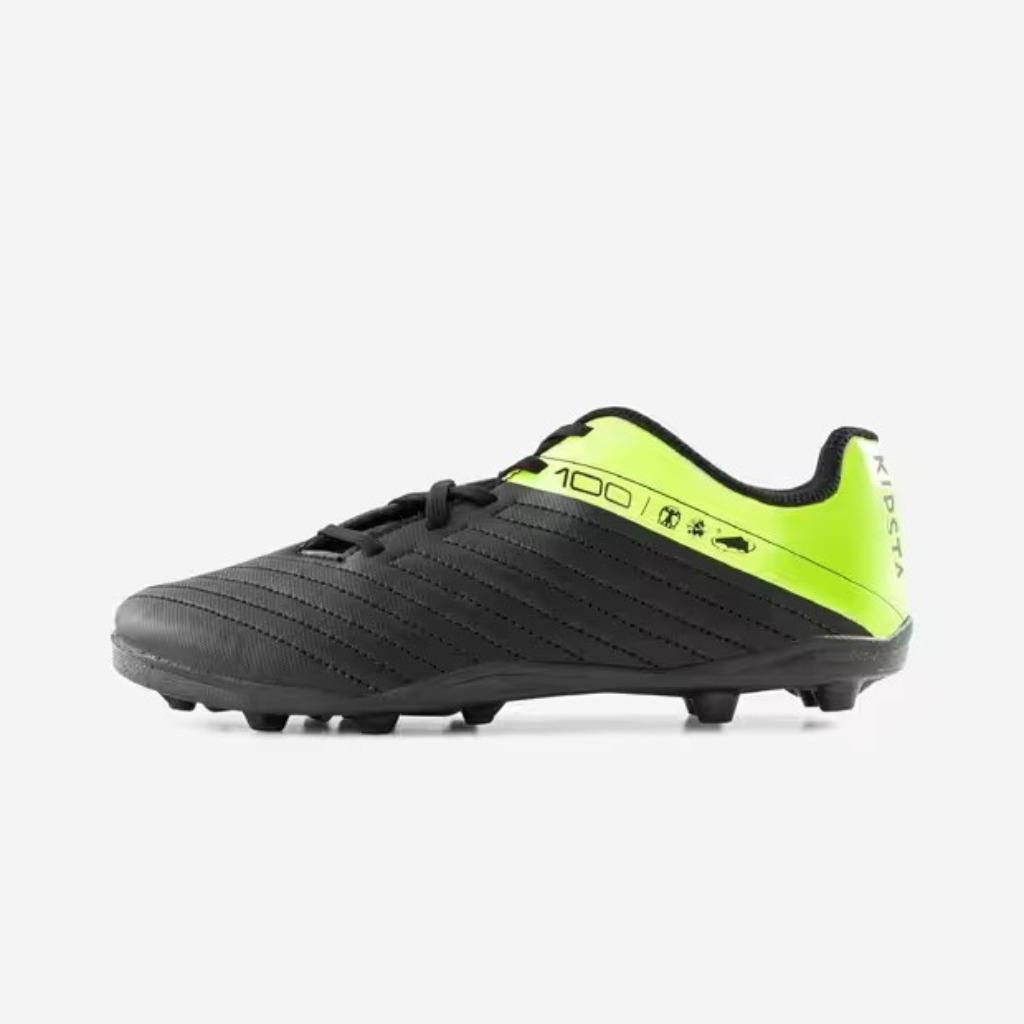 CHAUSSURES DE FOOTBALL ENFANT A LACETS 100 NOIR ET JAUNE, Garçon ou Fille, Kipsa, Enlèvement, Utilisé