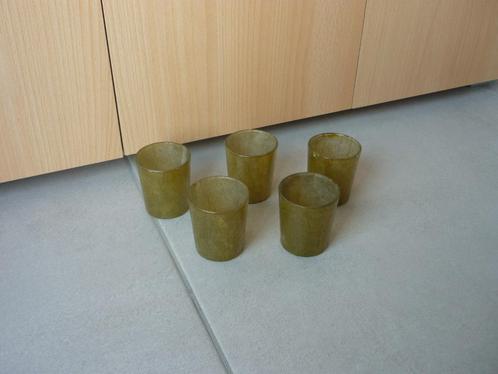 Set van 5 kaki mosgroene glazen theelichtjes waxinehouders, Huis en Inrichting, Woonaccessoires | Kandelaars en Kaarsen, Ophalen of Verzenden