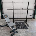Squat rack + bankje + Olympische Gewichten + barbell 220cm, Sport en Fitness, Fitnessmaterialen, Ophalen, Zo goed als nieuw