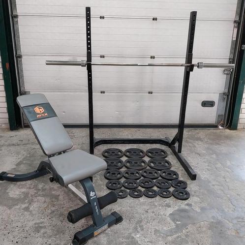 Squat rack + bankje + Olympische Gewichten + barbell 220cm, Sport en Fitness, Fitnessmaterialen, Zo goed als nieuw, Ophalen
