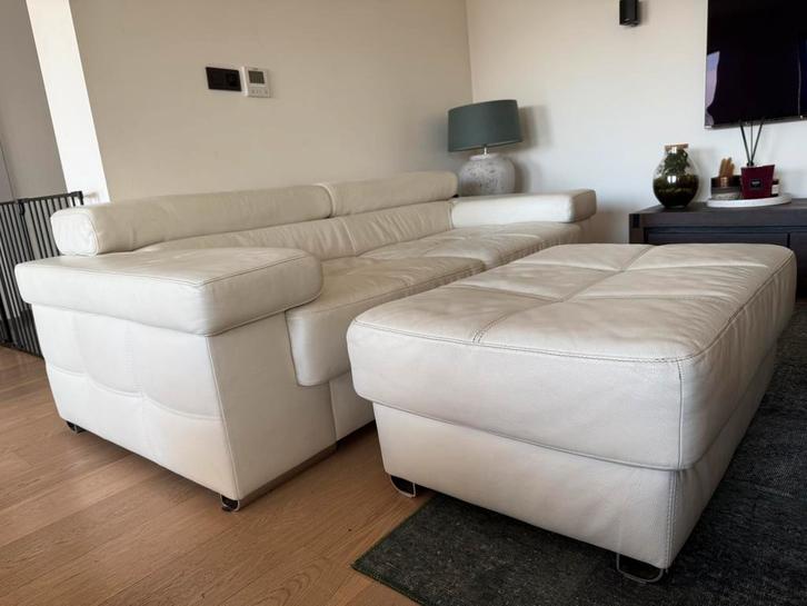 Lederen 2-zit zetel met voetenbank, Huis en Inrichting, Zetels | Zetels, Gebruikt, Rechte bank, Tweepersoons, 150 tot 200 cm, 100 tot 125 cm