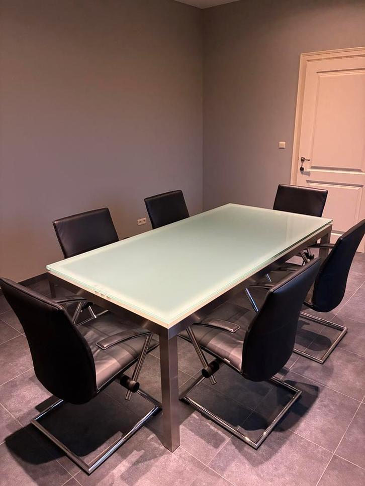 Eettafel , vergadertafel, glazen tafel met inox onderstel, Huis en Inrichting, Tafels | Eettafels, Zo goed als nieuw, 50 tot 100 cm