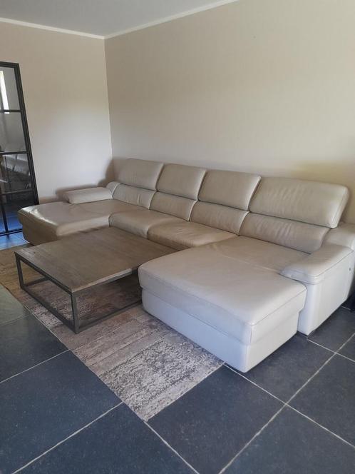 Lederen salon T & T design zand beige van 3.40m, Huis en Inrichting, Zetels | Complete zithoeken, Zo goed als nieuw, Leer, Ophalen