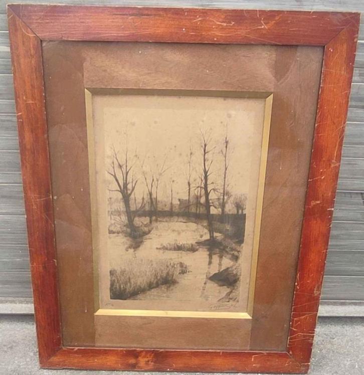 Gravure rivière signe Hector Louis goffint, Antiek en Kunst, Kunst | Etsen en Gravures, Ophalen of Verzenden