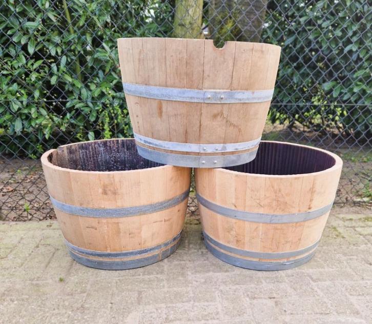 Eikenhouten bloembakken - wijnvat - whiskyvat - plantenbak, Tuin en Terras, Bloembakken en Plantenbakken, Nieuw, Hout, Binnen