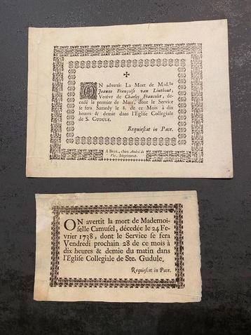 1738 2 X Bidprentje Faire-part décès BRX LINTHOUT CAMUSEL beschikbaar voor biedingen