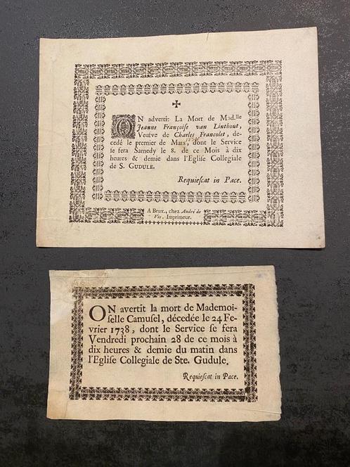 1738 2 X Bidprentje Faire-part décès BRX LINTHOUT CAMUSEL, Verzamelen, Bidprentjes en Rouwkaarten, Bidprentje, Ophalen of Verzenden