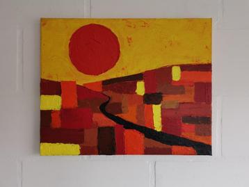 Herfst - landschap met rode zon - acryl 40x50cm beschikbaar voor biedingen